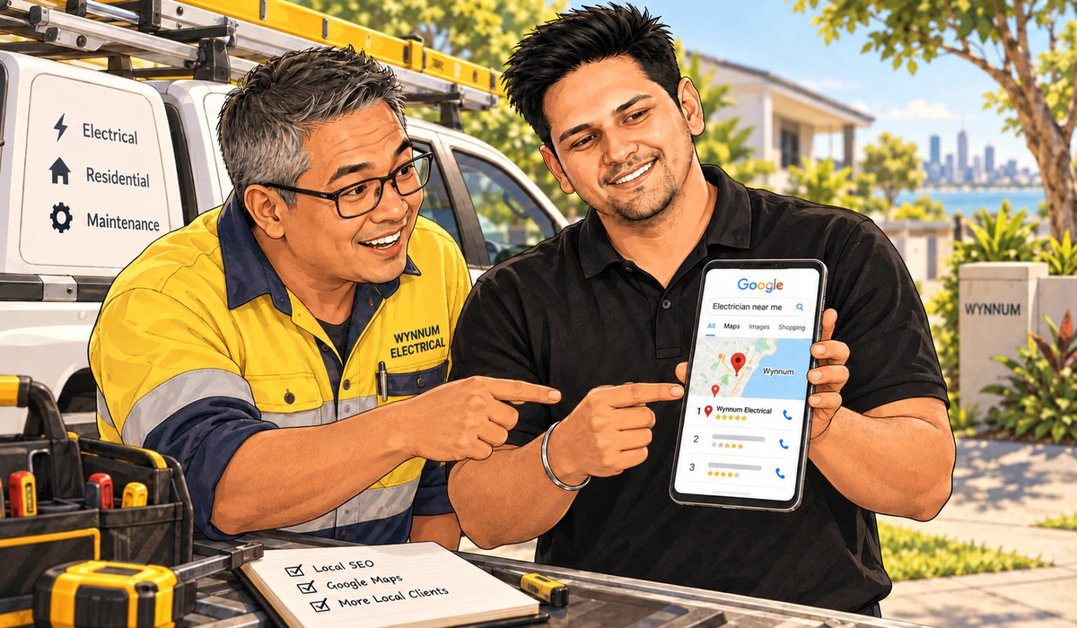 Amann showing a tradie the Google map pack on a phone, the tradie's business in position one.