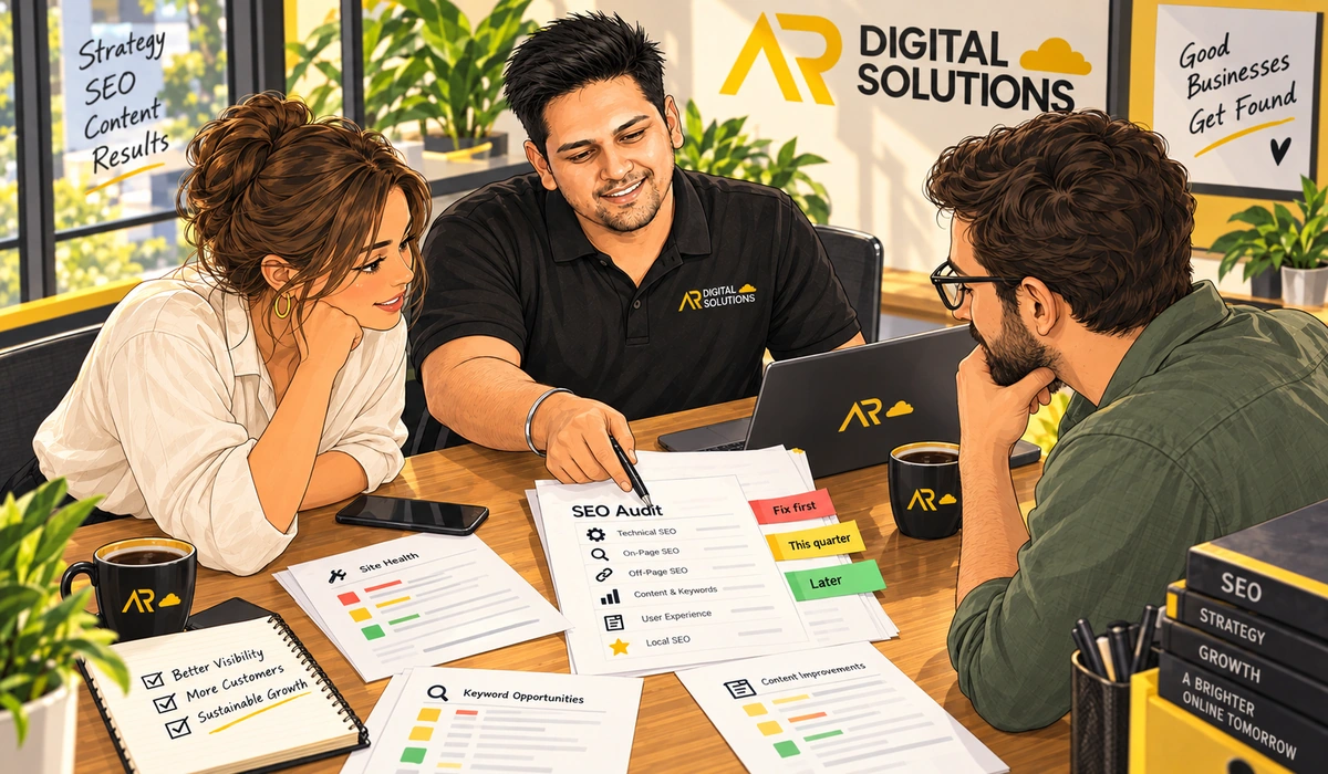 Amann walking a client through a printed SEO audit, pages spread on the table with coloured priority tabs.