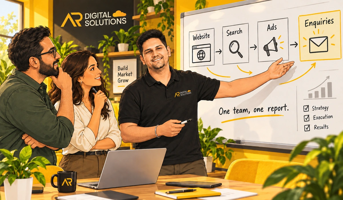 Amann at a whiteboard with three columns drawn: Website / Search / Ads, arrows joining them to a box marked Enquiries; a business owner listening.