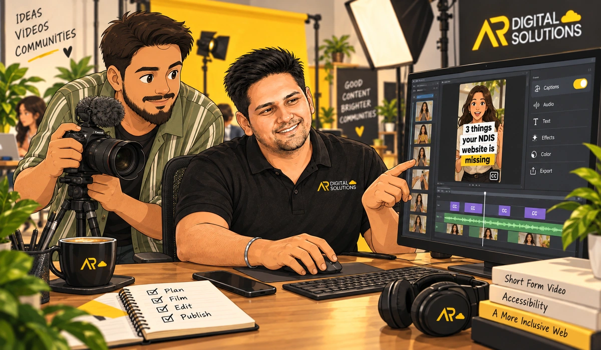 Amann editing a vertical reel with captions on a large monitor, Viru beside him with a camera.