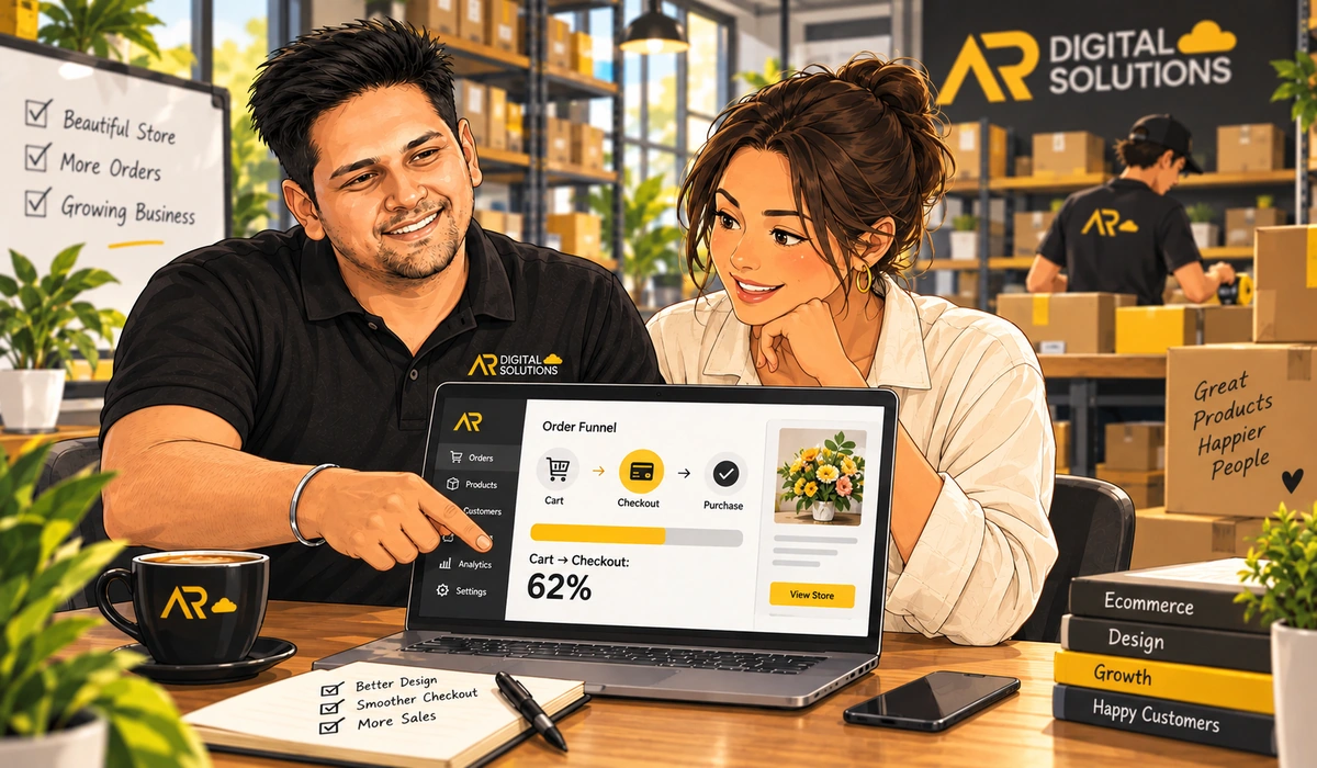 Warehouse-style office, Amann and a store owner looking at an order dashboard, a box being packed in the background.
