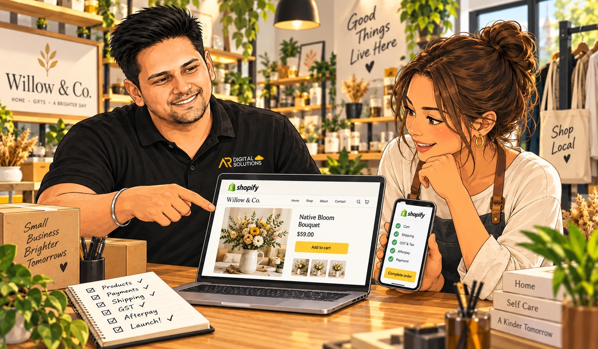 Amann with a shop owner in a small retail space, laptop on the counter showing a Shopify product page, phone showing the checkout.