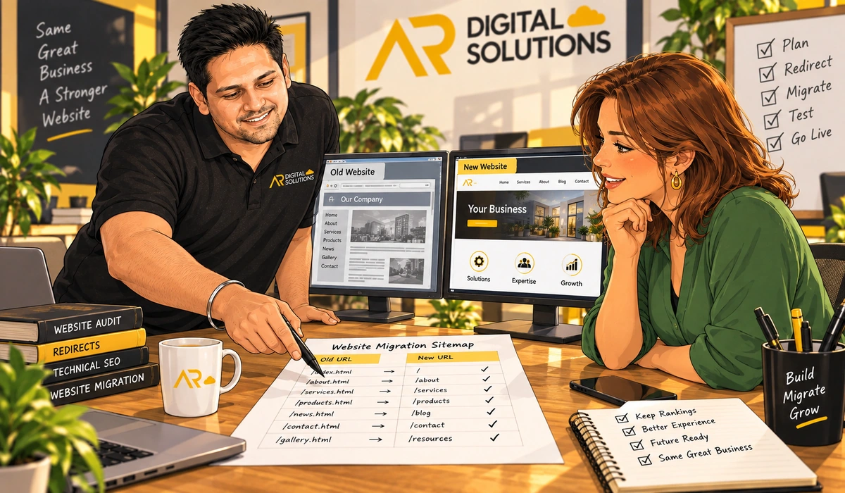 Split desk: old cluttered website on a left monitor, new redesign on the right, Amann marking redirects on a printed sitemap.