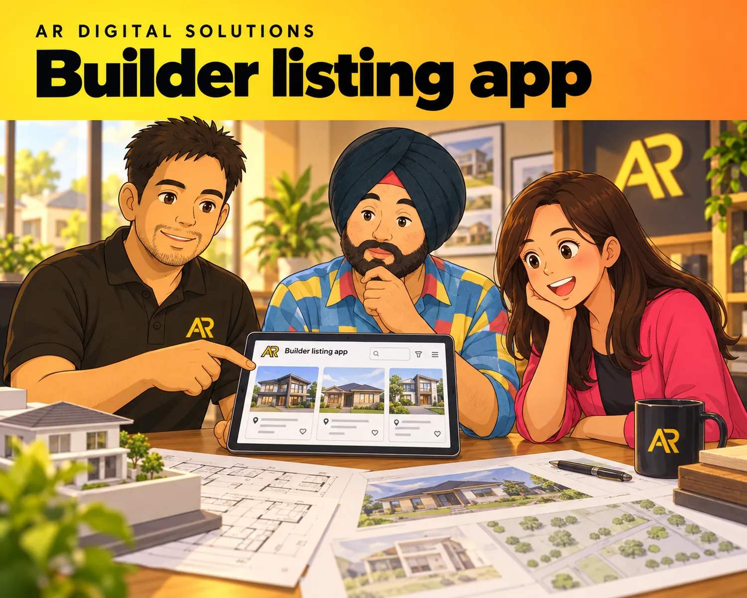 Ghibli-inspired illustration of Amann Jhamb and the AR Digital Solutions team working on builder listing app.