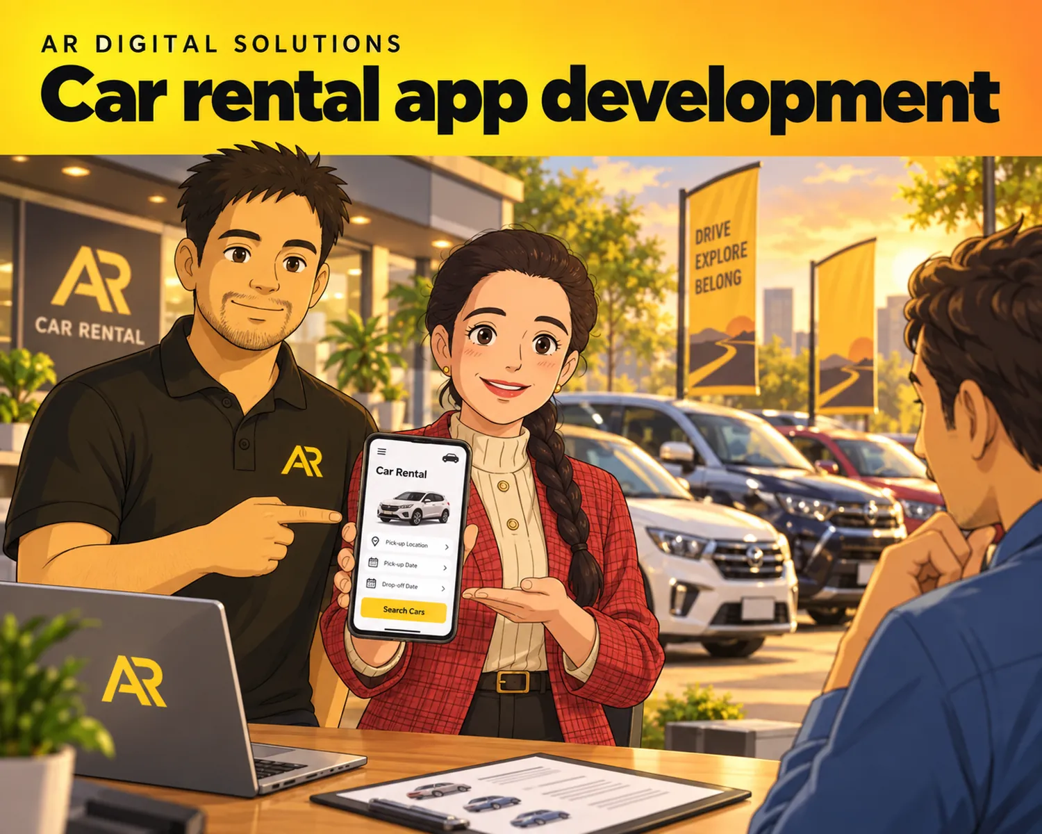 Ghibli-inspired illustration of Amann Jhamb and the AR Digital Solutions team working on car rental app development.