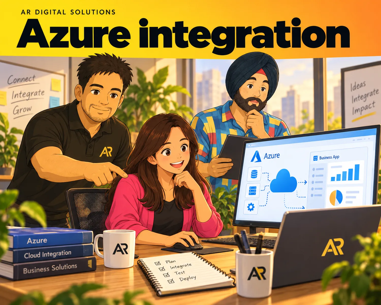 Ghibli-inspired illustration of Amann Jhamb and the AR Digital Solutions team working on azure integration.