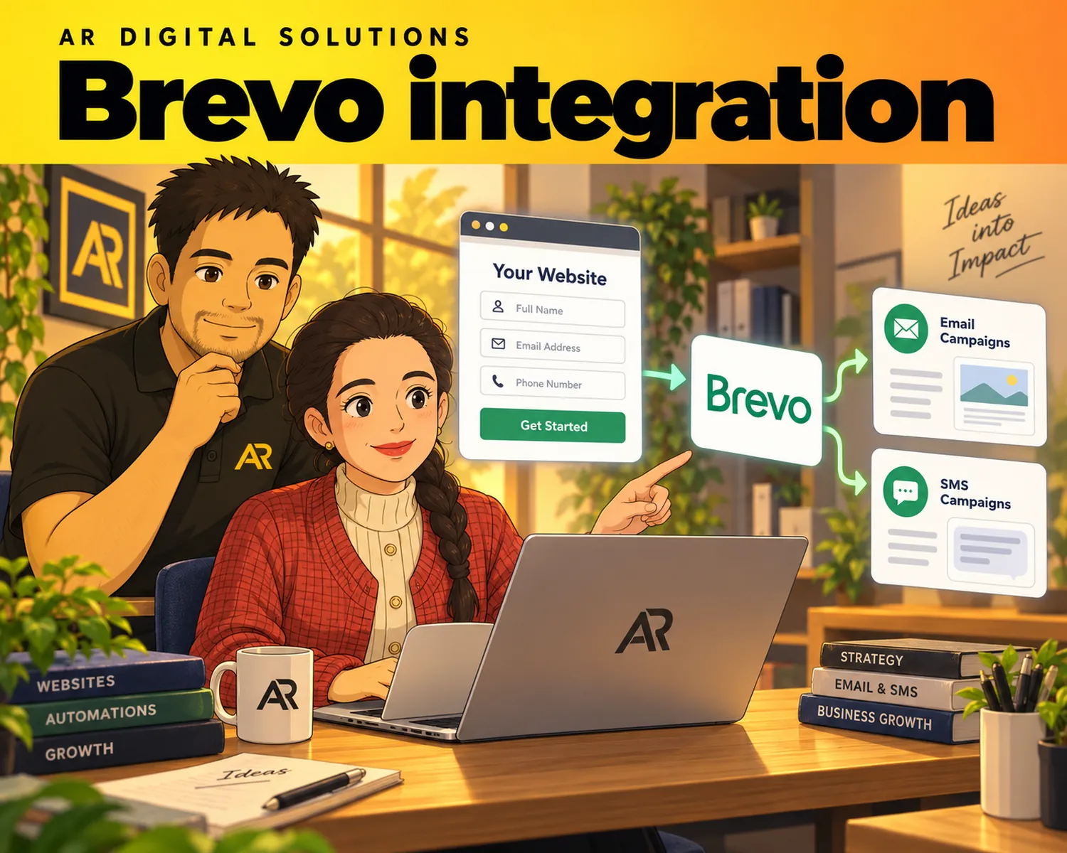 Ghibli-inspired illustration of Amann Jhamb and the AR Digital Solutions team working on brevo integration.