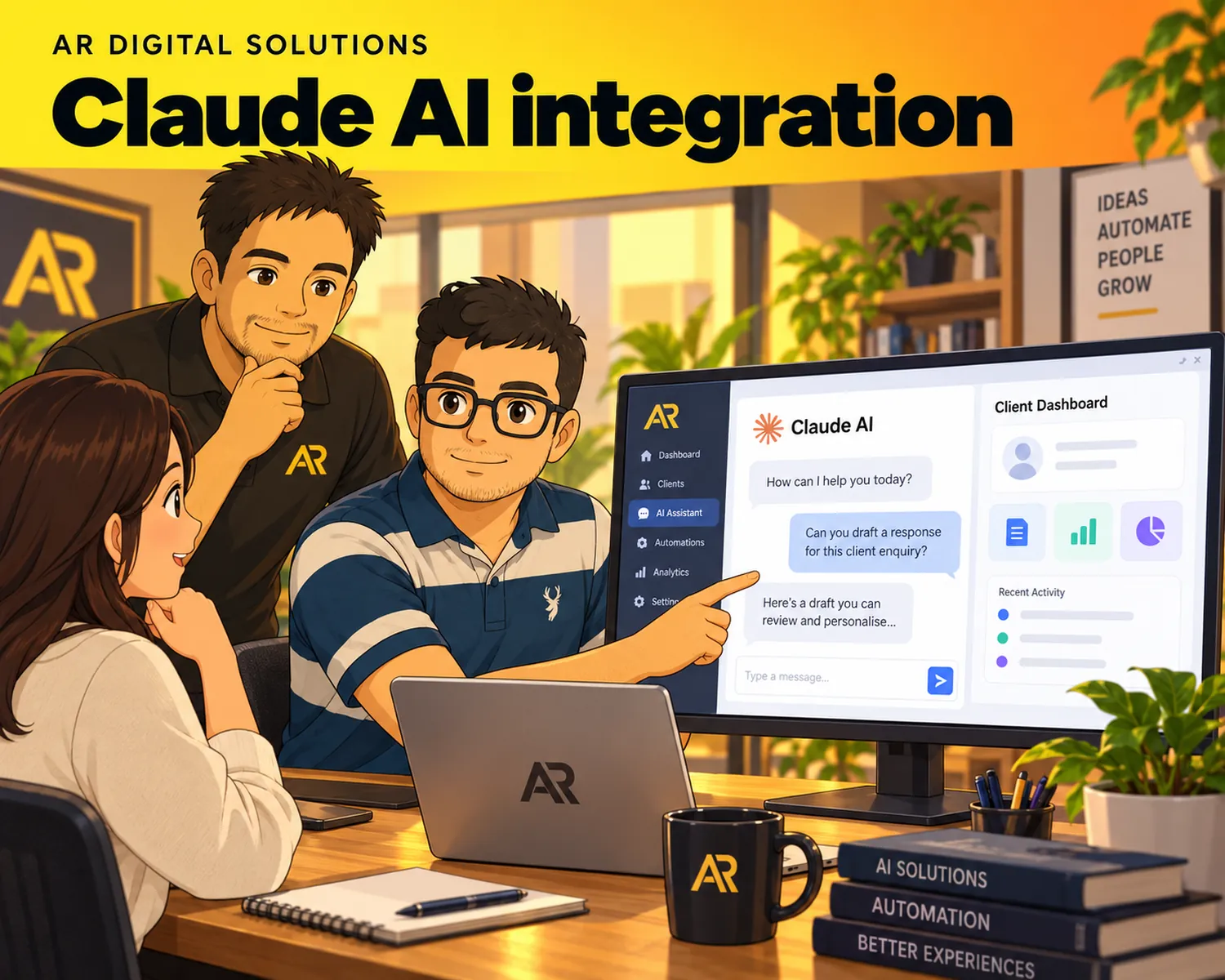 Ghibli-inspired illustration of Amann Jhamb and the AR Digital Solutions team working on claude ai integration.