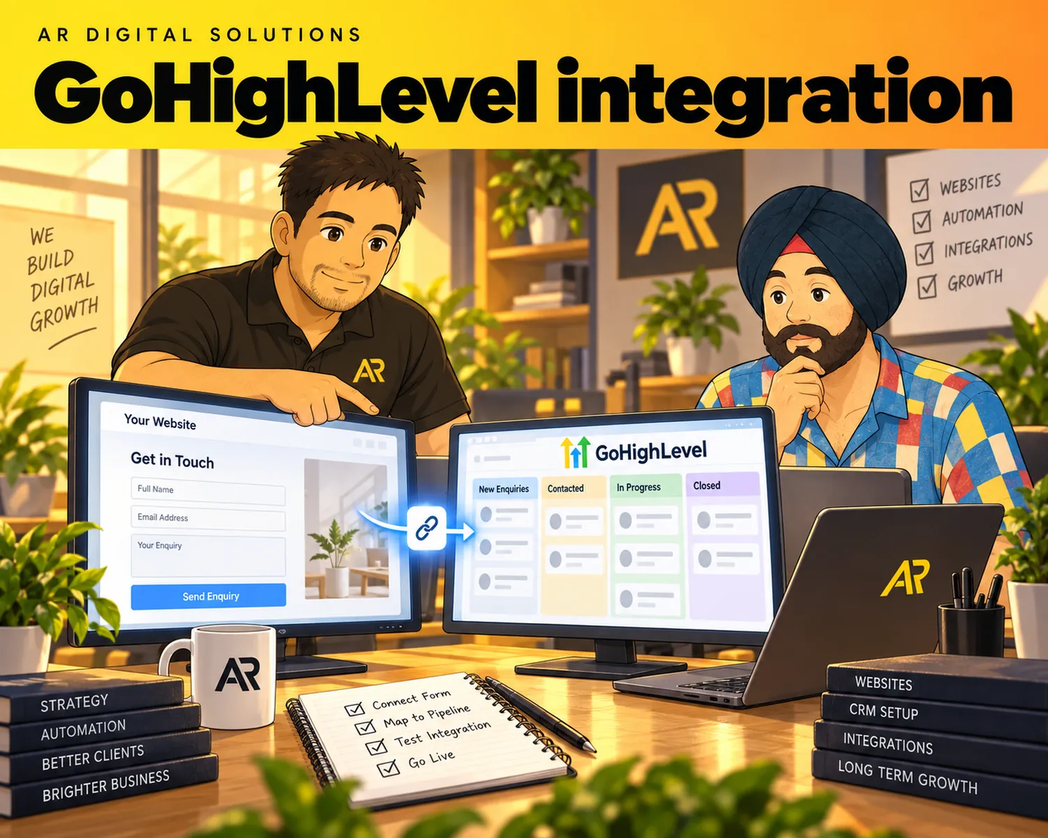 Ghibli-inspired illustration of Amann Jhamb and the AR Digital Solutions team working on gohighlevel integration.