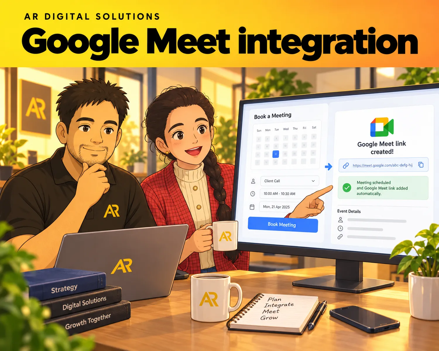 Ghibli-inspired illustration of Amann Jhamb and the AR Digital Solutions team working on google meet integration.