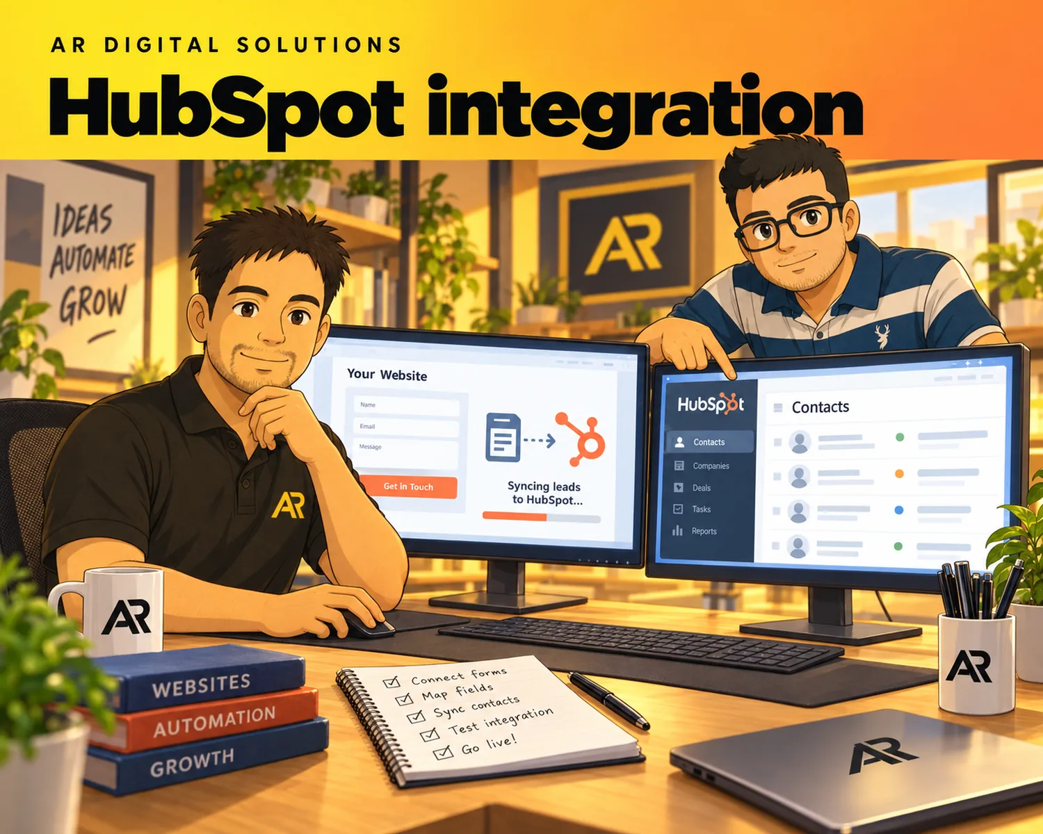 Ghibli-inspired illustration of Amann Jhamb and the AR Digital Solutions team working on hubspot integration.