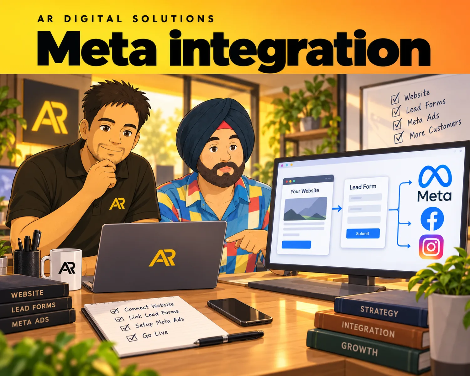 Ghibli-inspired illustration of Amann Jhamb and the AR Digital Solutions team working on meta integration.