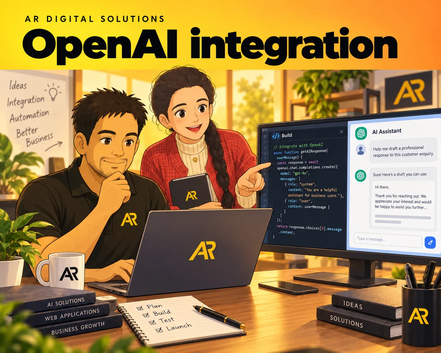 Ghibli-inspired illustration of Amann Jhamb and the AR Digital Solutions team working on openai integration.