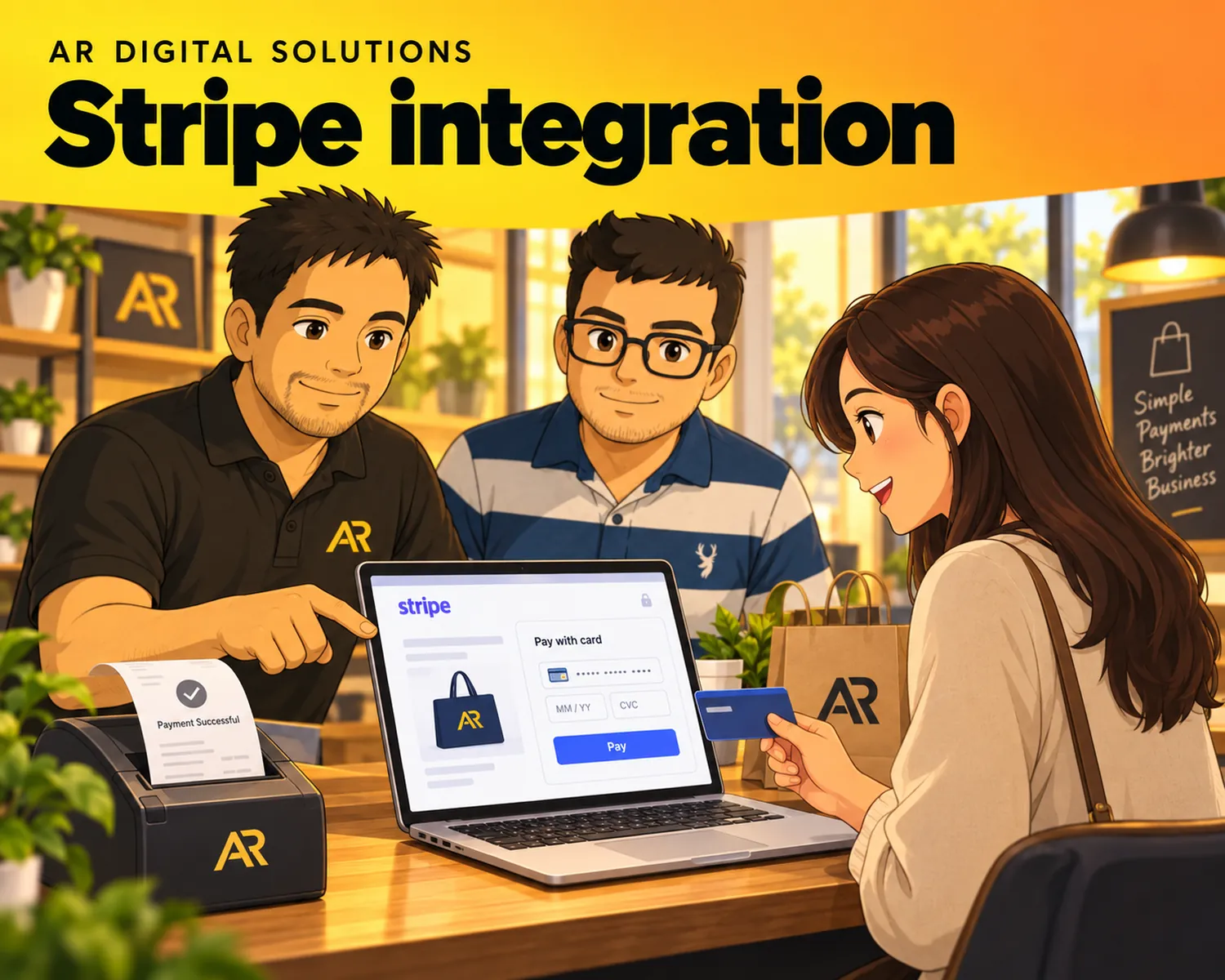 Ghibli-inspired illustration of Amann Jhamb and the AR Digital Solutions team working on stripe integration.