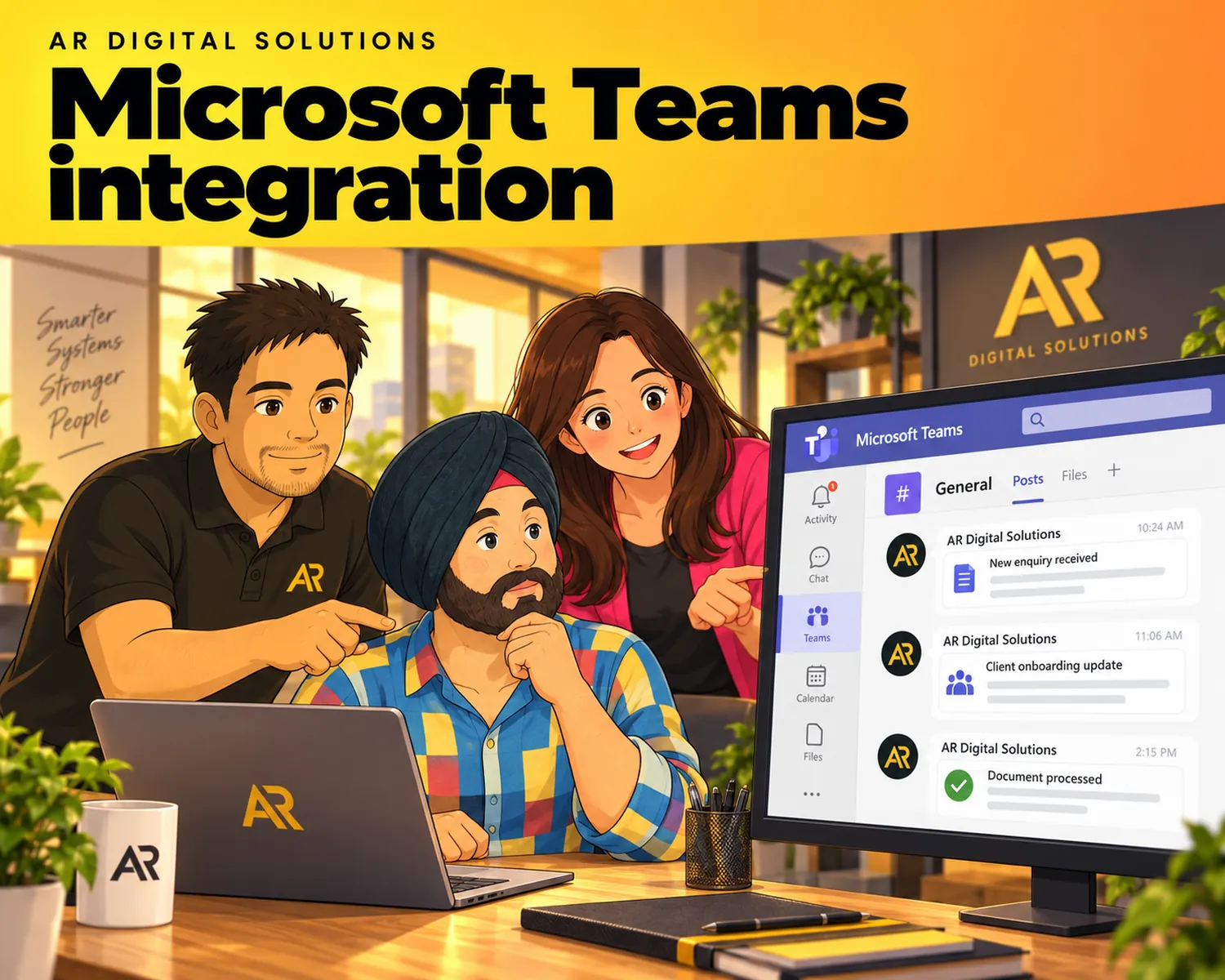 Ghibli-inspired illustration of Amann Jhamb and the AR Digital Solutions team working on microsoft teams integration.