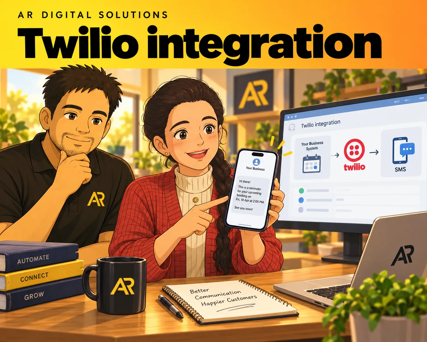 Ghibli-inspired illustration of Amann Jhamb and the AR Digital Solutions team working on twilio integration.
