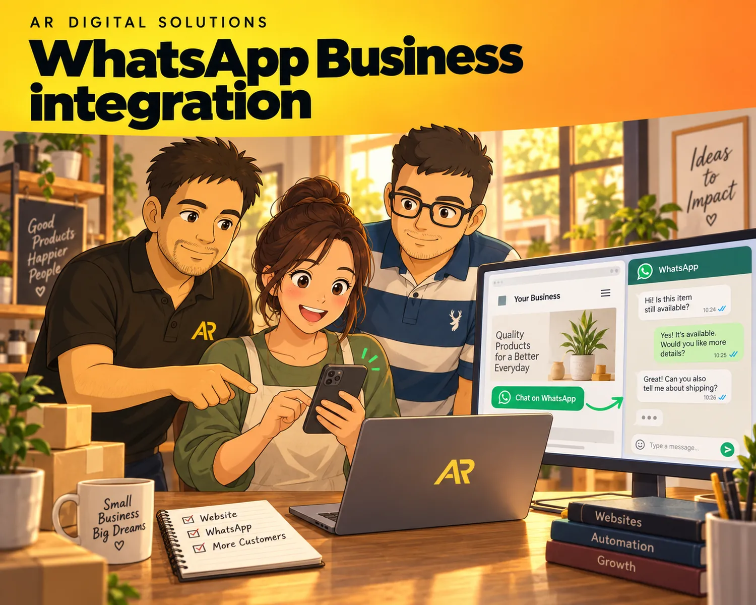 Ghibli-inspired illustration of Amann Jhamb and the AR Digital Solutions team working on whatsapp business integration.