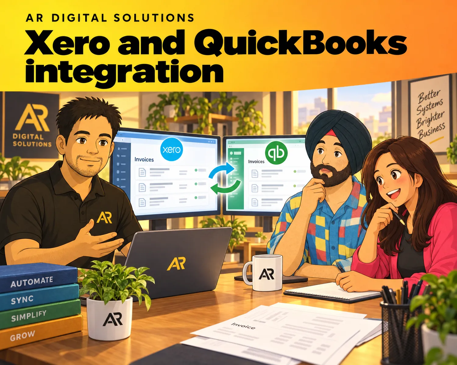 Ghibli-inspired illustration of Amann Jhamb and the AR Digital Solutions team working on xero and quickbooks integration.