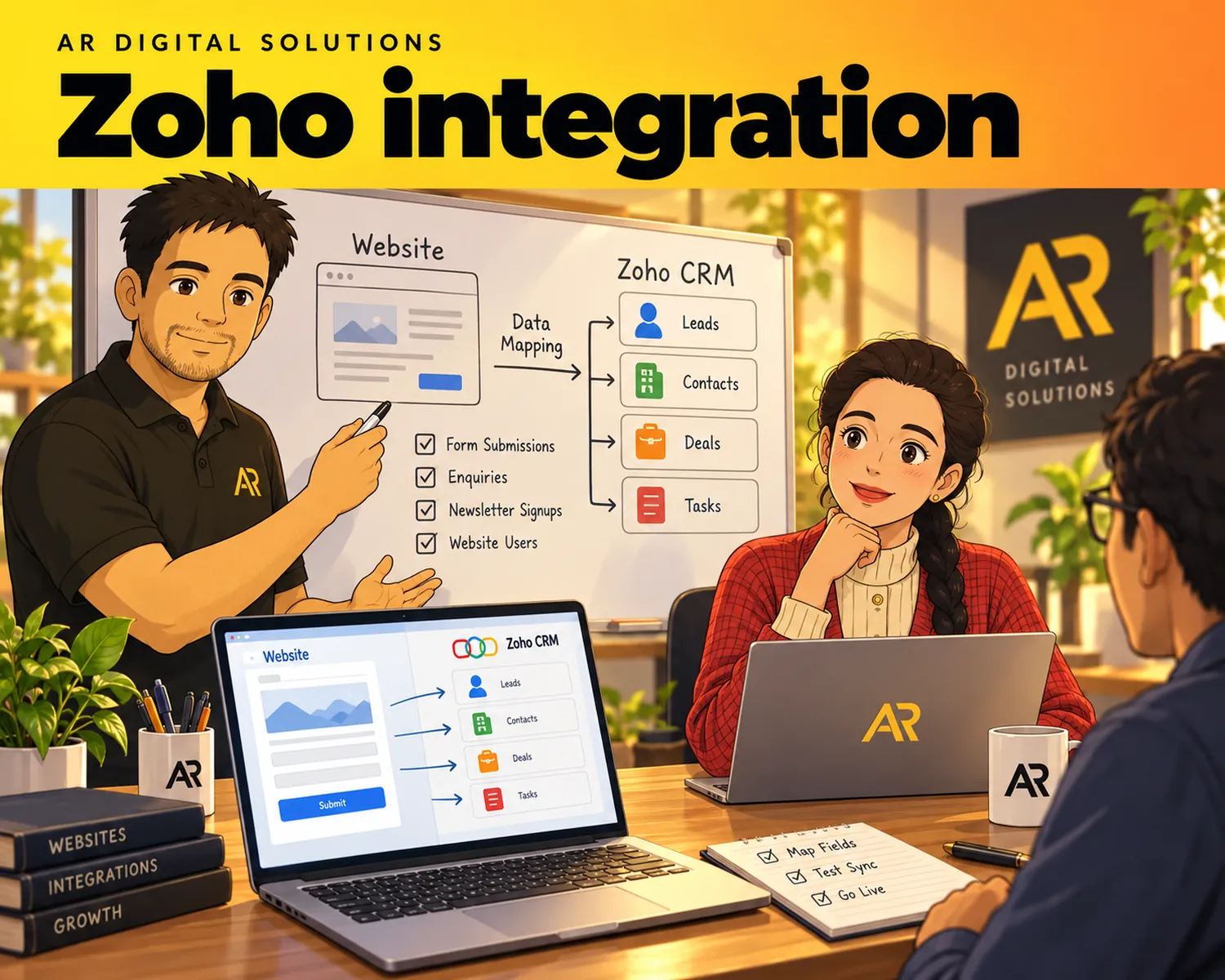 Ghibli-inspired illustration of Amann Jhamb and the AR Digital Solutions team working on zoho integration.