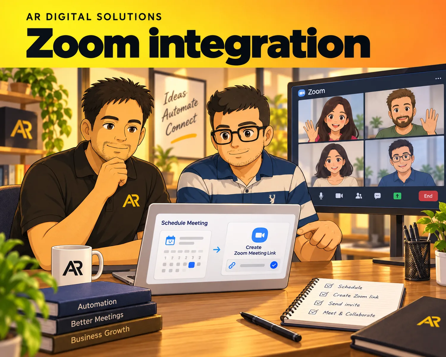 Ghibli-inspired illustration of Amann Jhamb and the AR Digital Solutions team working on zoom integration.