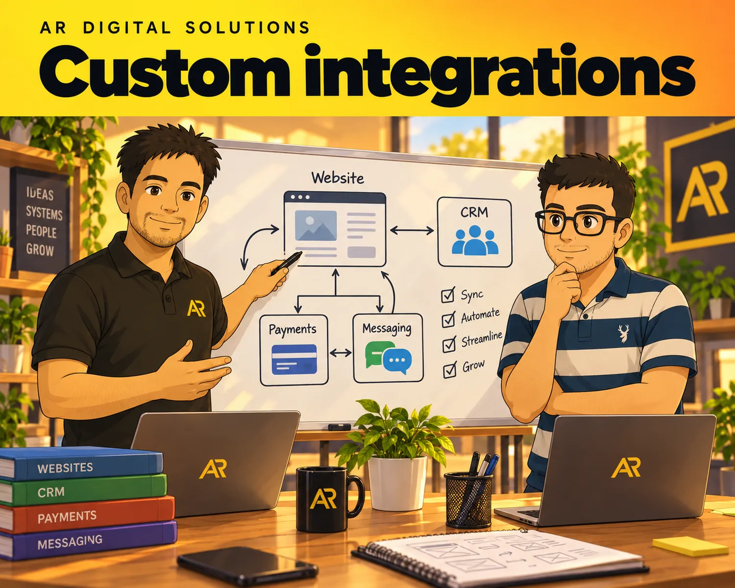 Ghibli-inspired illustration of Amann Jhamb and the AR Digital Solutions team working on custom integrations.