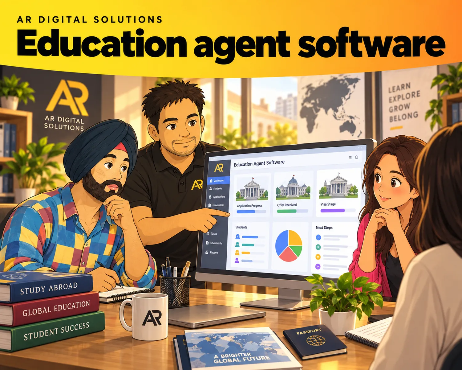 Ghibli-inspired illustration of Amann Jhamb and the AR Digital Solutions team working on education agent software.