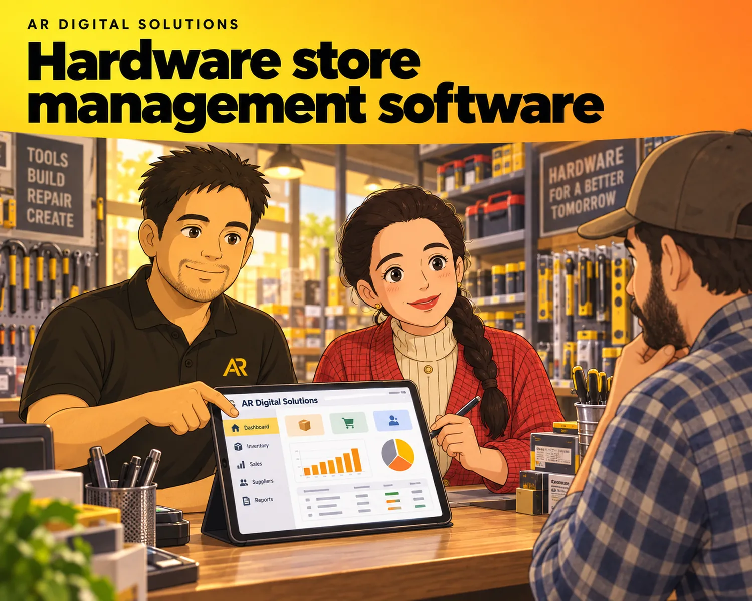 Ghibli-inspired illustration of Amann Jhamb and the AR Digital Solutions team working on hardware store management software.