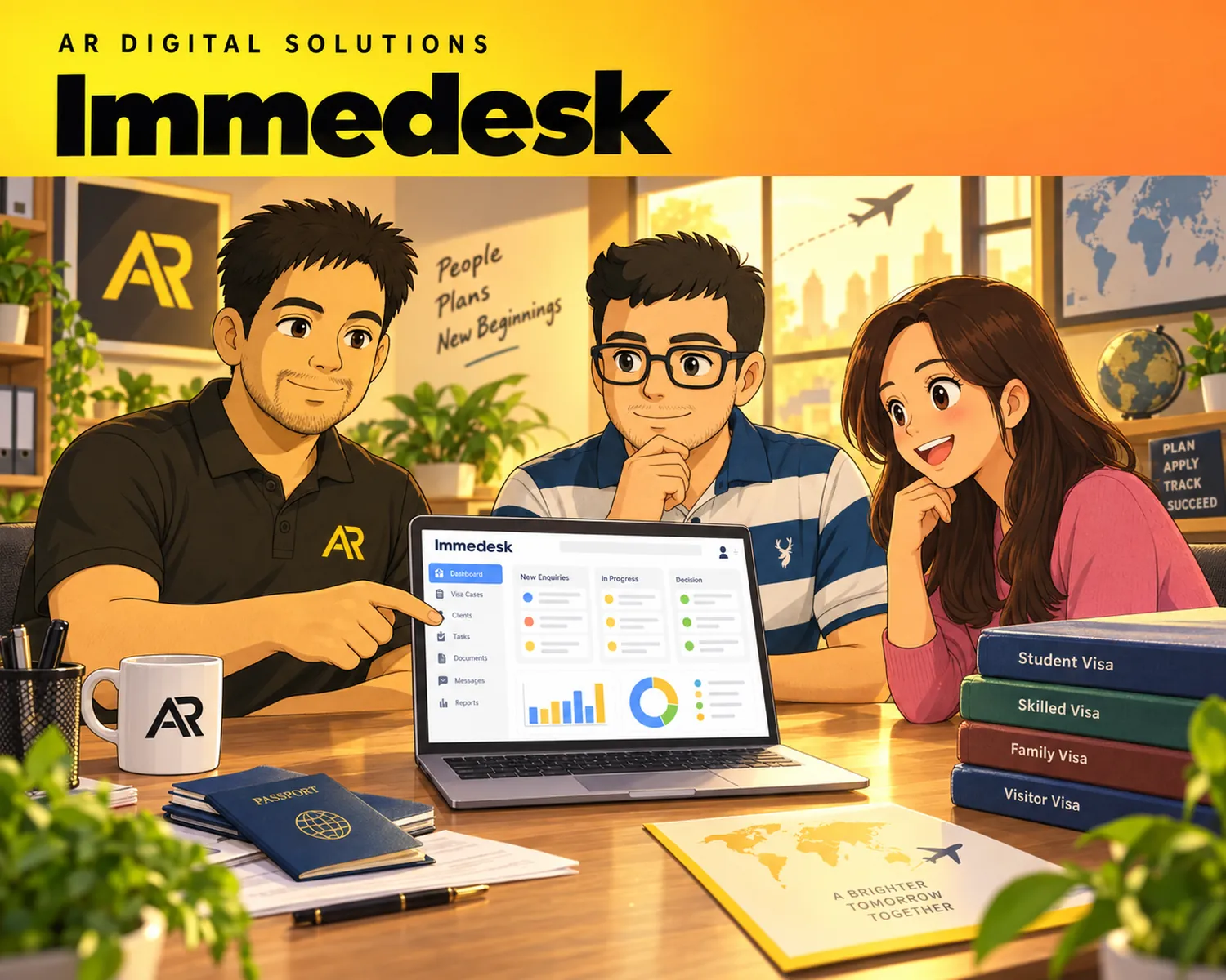 Ghibli-inspired illustration of Amann Jhamb and the AR Digital Solutions team working on immedesk.