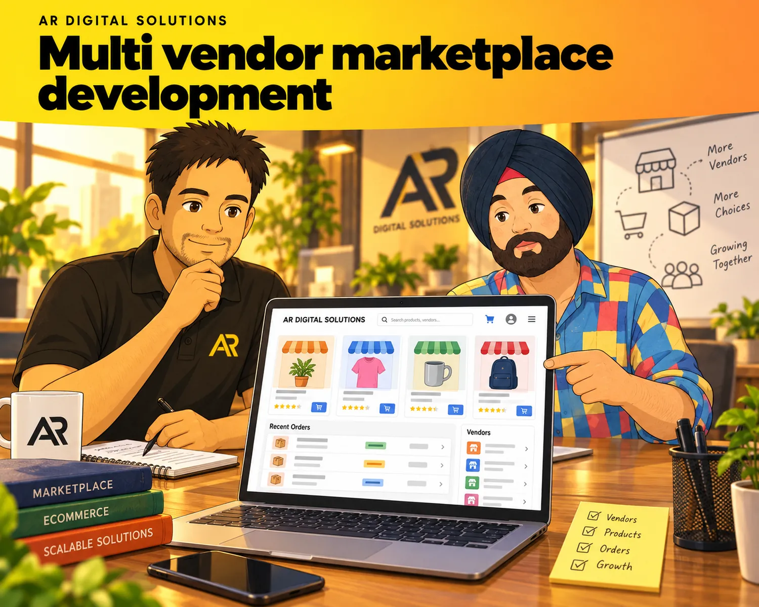 Ghibli-inspired illustration of Amann Jhamb and the AR Digital Solutions team working on multi vendor marketplace development.