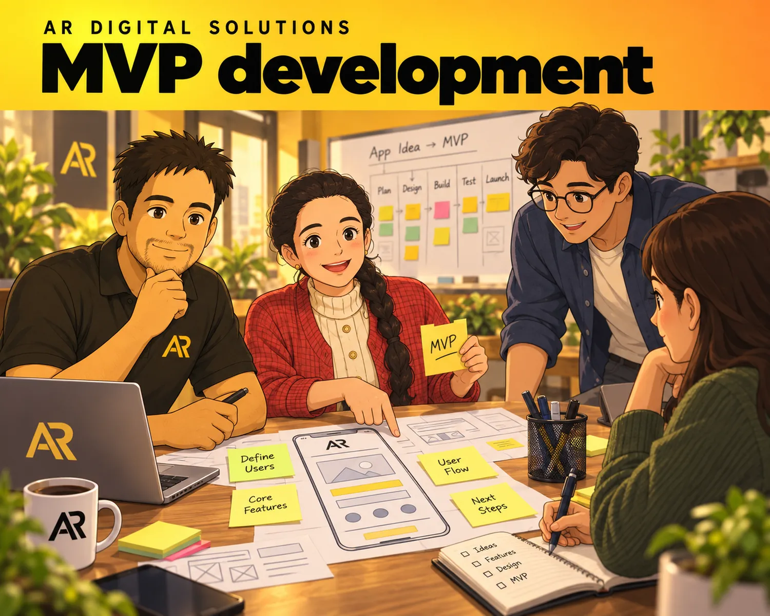 Ghibli-inspired illustration of Amann Jhamb and the AR Digital Solutions team working on mvp development.