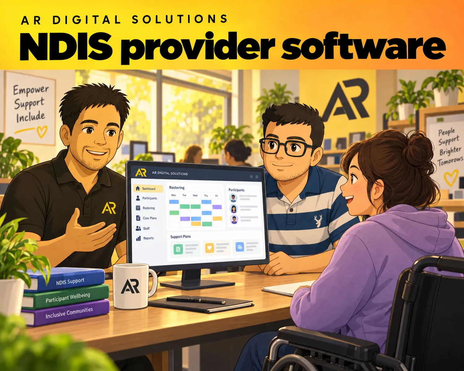 Ghibli-inspired illustration of Amann Jhamb and the AR Digital Solutions team working on ndis provider software.