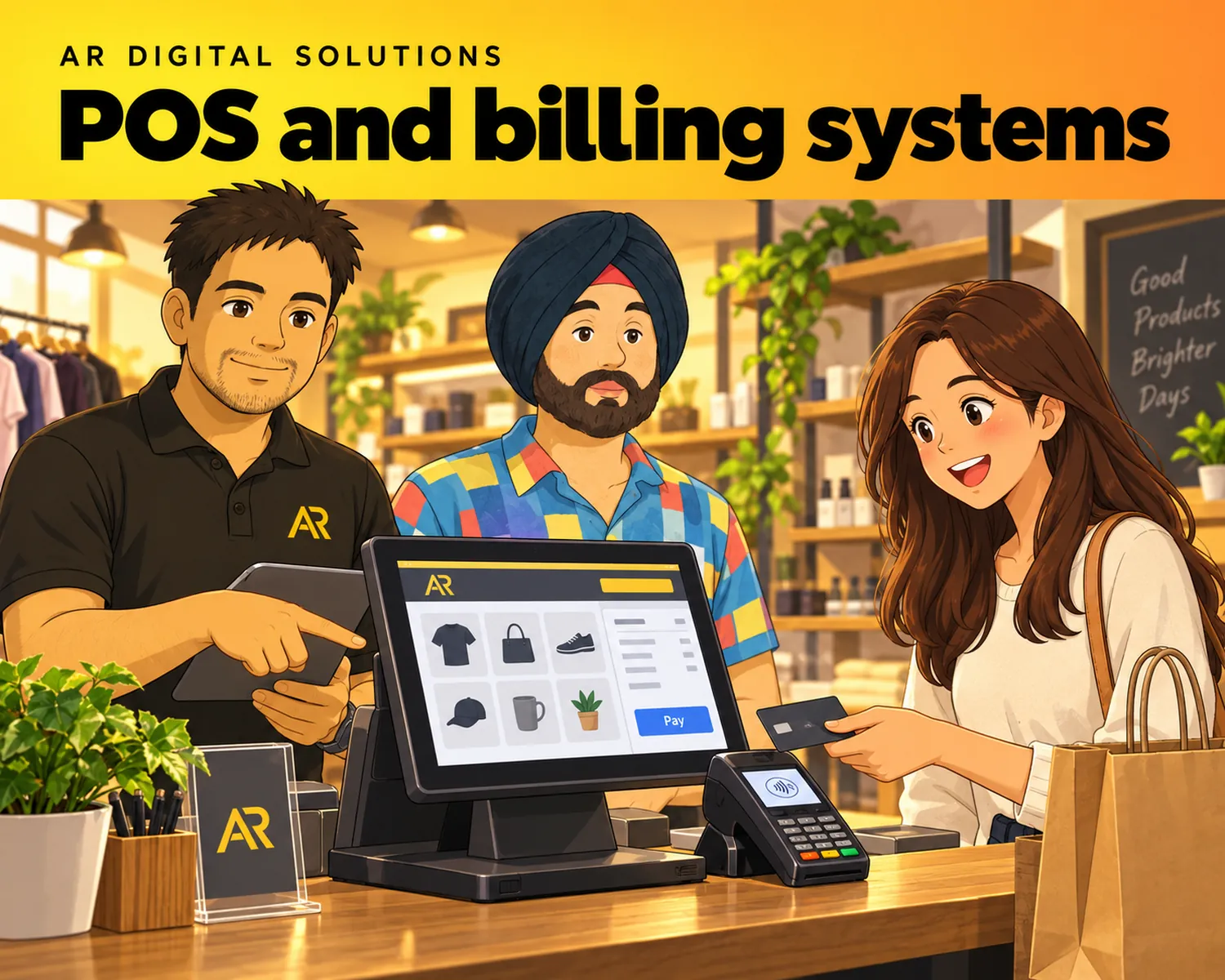 Ghibli-inspired illustration of Amann Jhamb and the AR Digital Solutions team working on pos and billing systems.