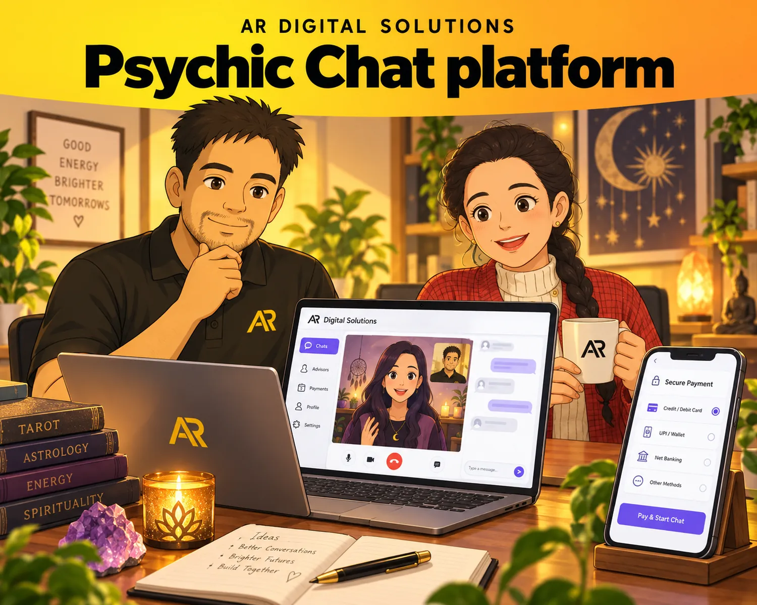 Ghibli-inspired illustration of Amann Jhamb and the AR Digital Solutions team working on psychic chat platform.