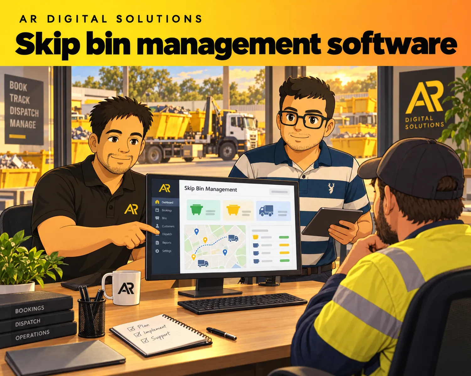 Ghibli-inspired illustration of Amann Jhamb and the AR Digital Solutions team working on skip bin management software.