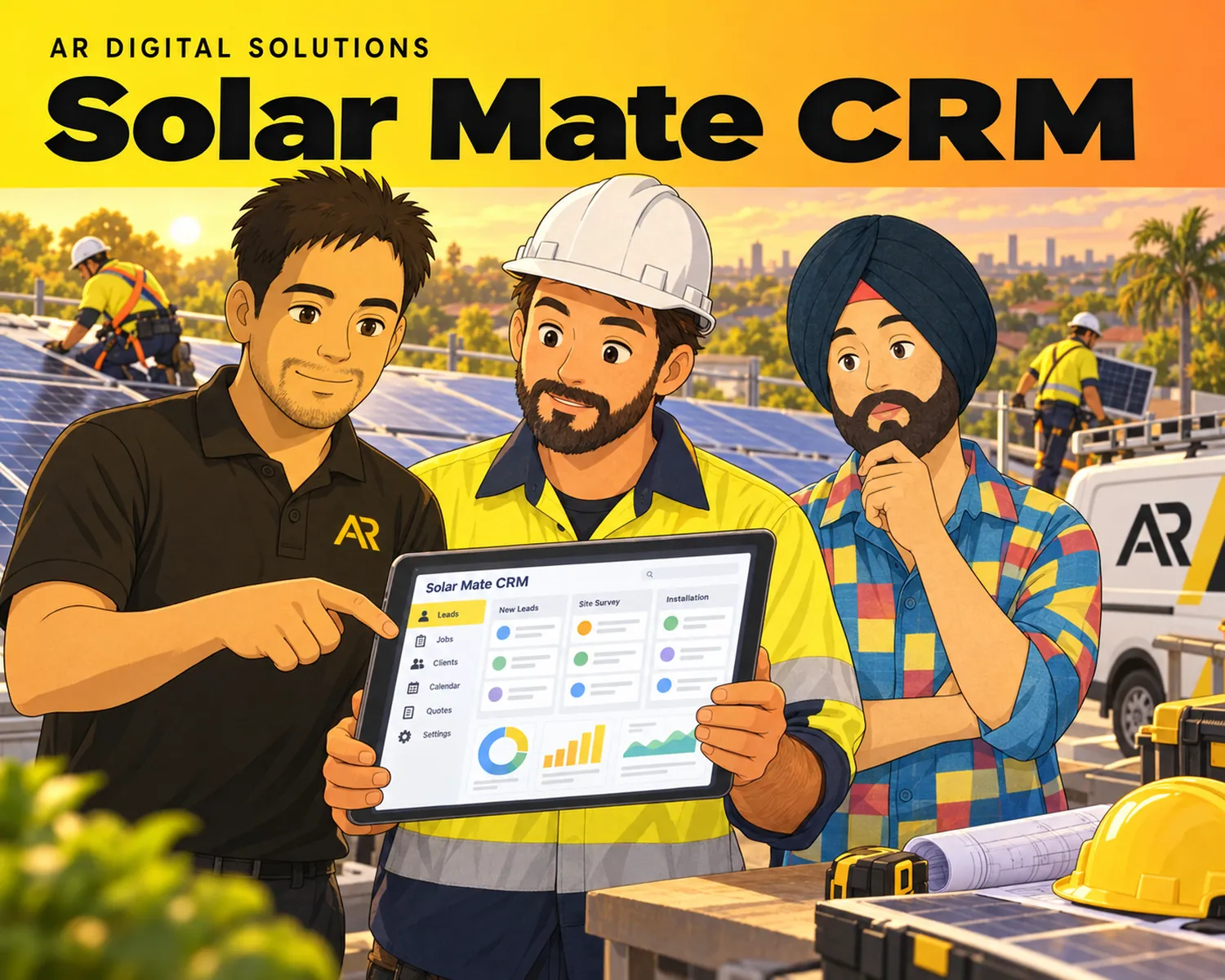 Ghibli-inspired illustration of Amann Jhamb and the AR Digital Solutions team working on solar mate crm.