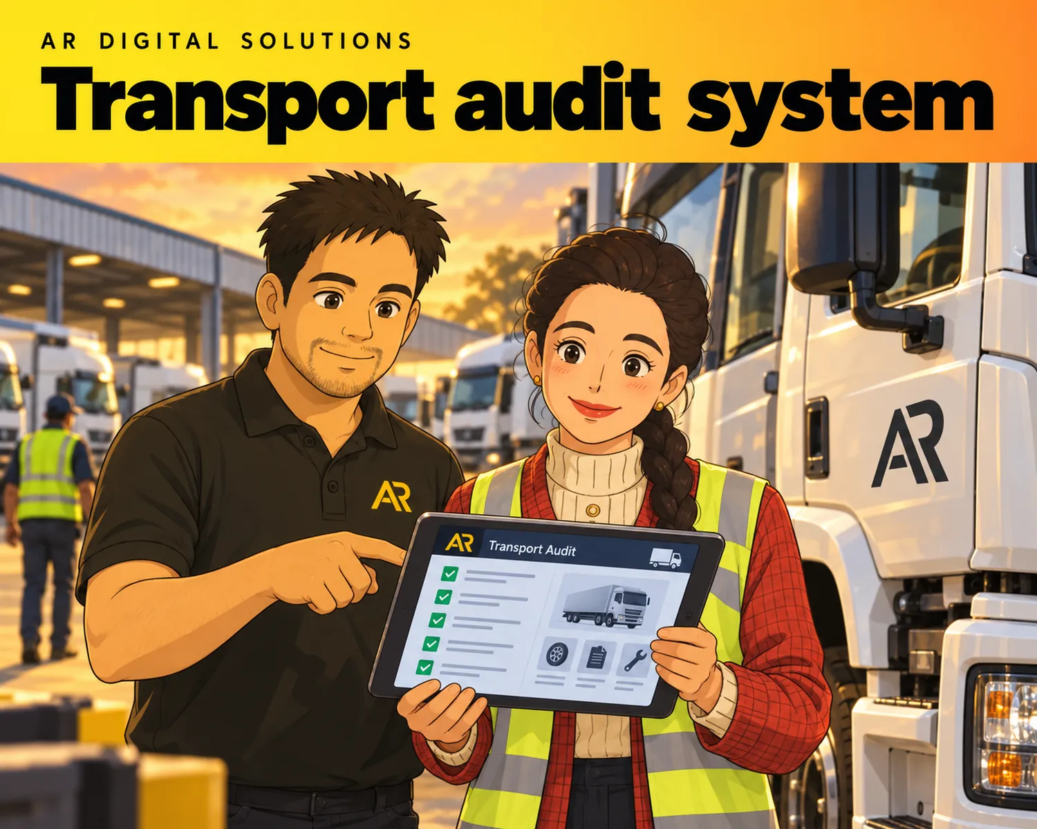 Ghibli-inspired illustration of Amann Jhamb and the AR Digital Solutions team working on transport audit system.