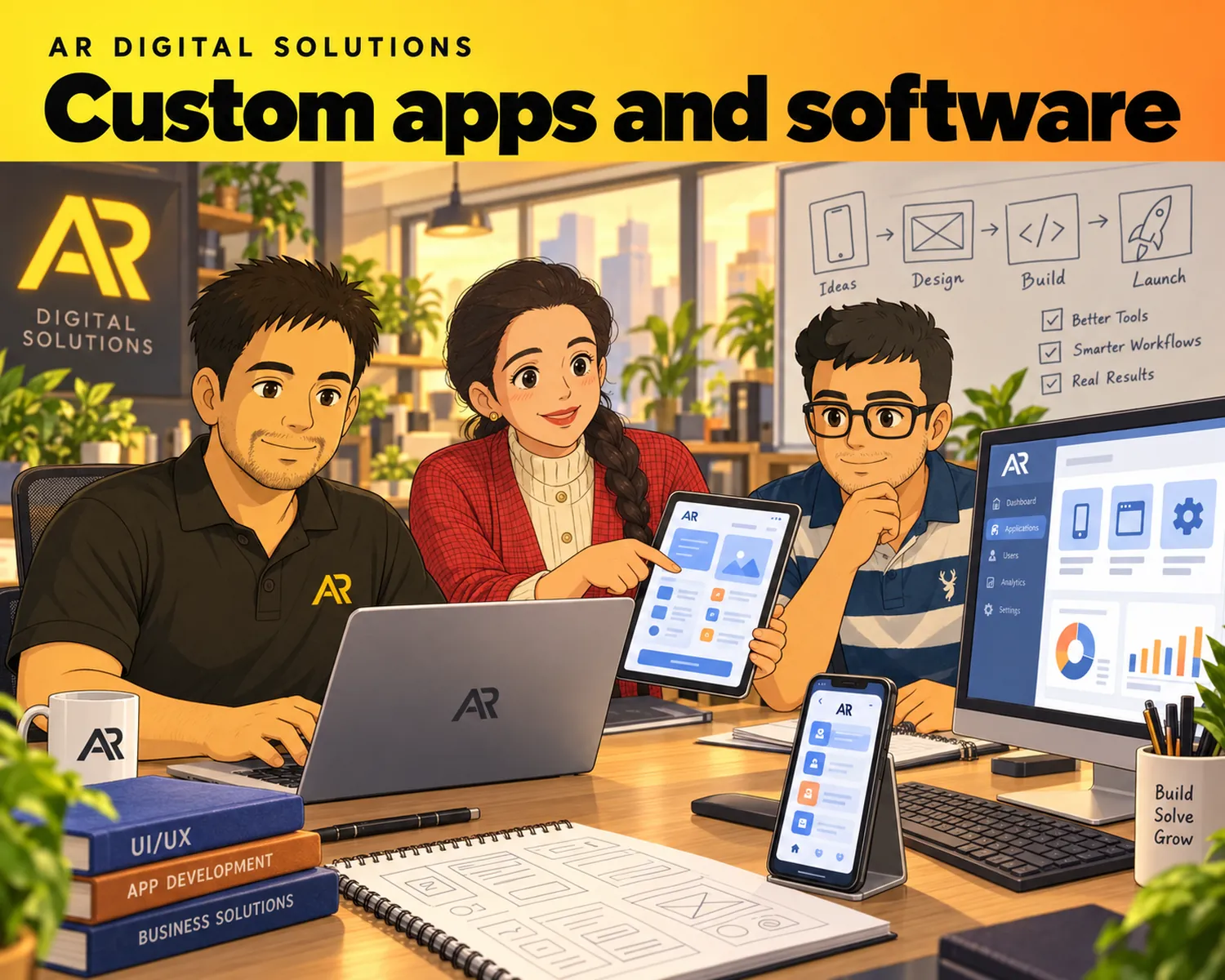 Ghibli-inspired illustration of Amann Jhamb and the AR Digital Solutions team working on custom apps and software.