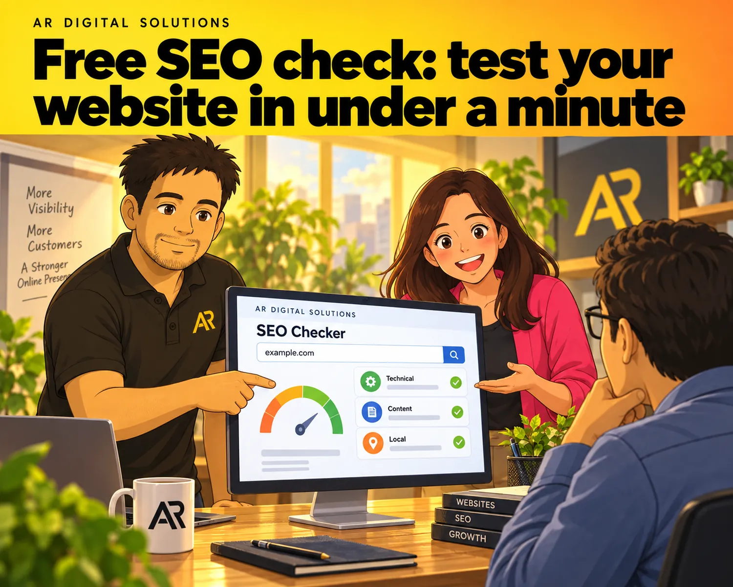 Ghibli-inspired illustration of Amann Jhamb and the AR Digital Solutions team working on free seo check: test your website in under a minute.