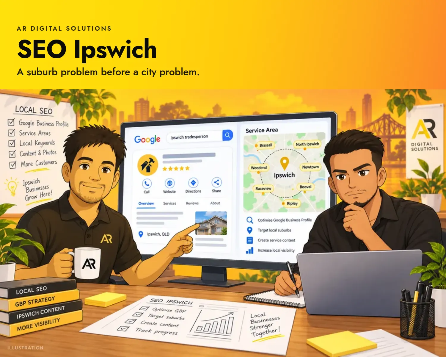 SEO Ipswich: A suburb problem before a city problem. Ghibli-inspired illustration of the AR Digital Solutions team.