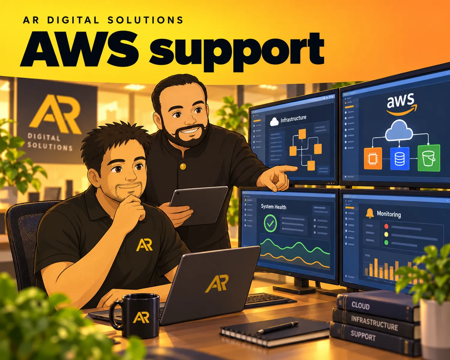 Ghibli-inspired illustration of Amann Jhamb and the AR Digital Solutions team working on aws support.