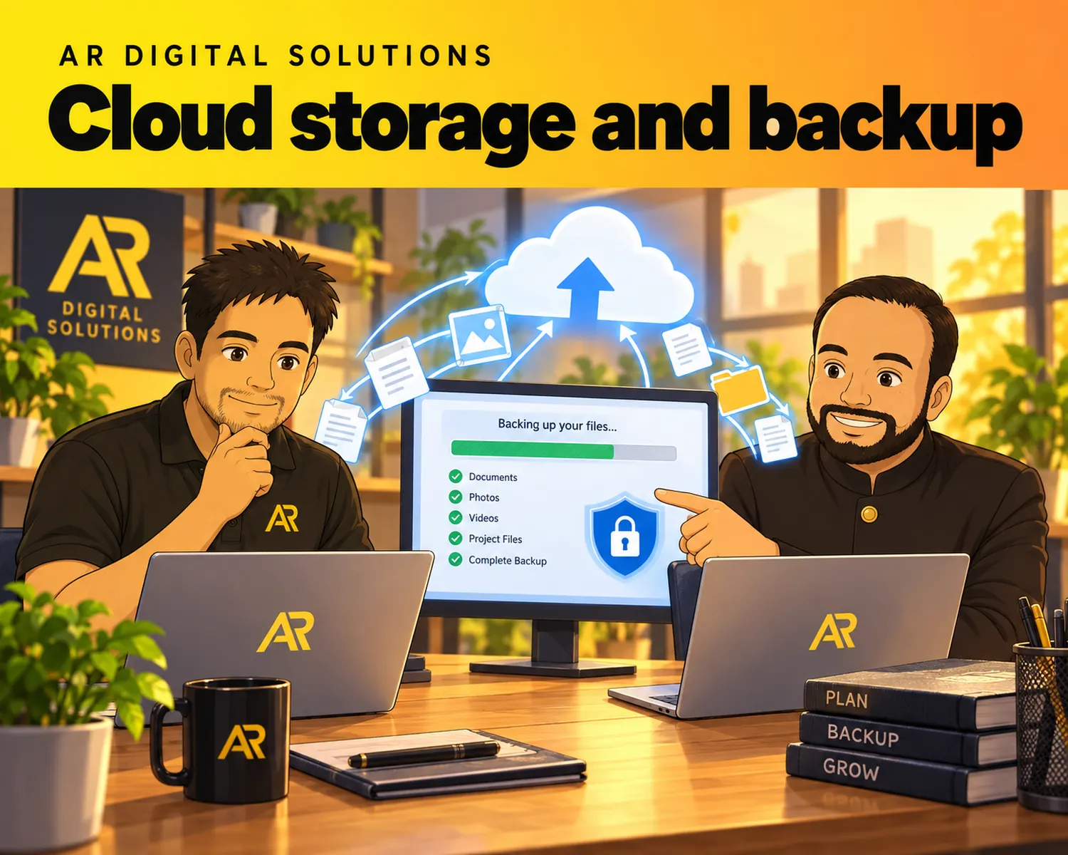 Ghibli-inspired illustration of Amann Jhamb and the AR Digital Solutions team working on cloud storage and backup.