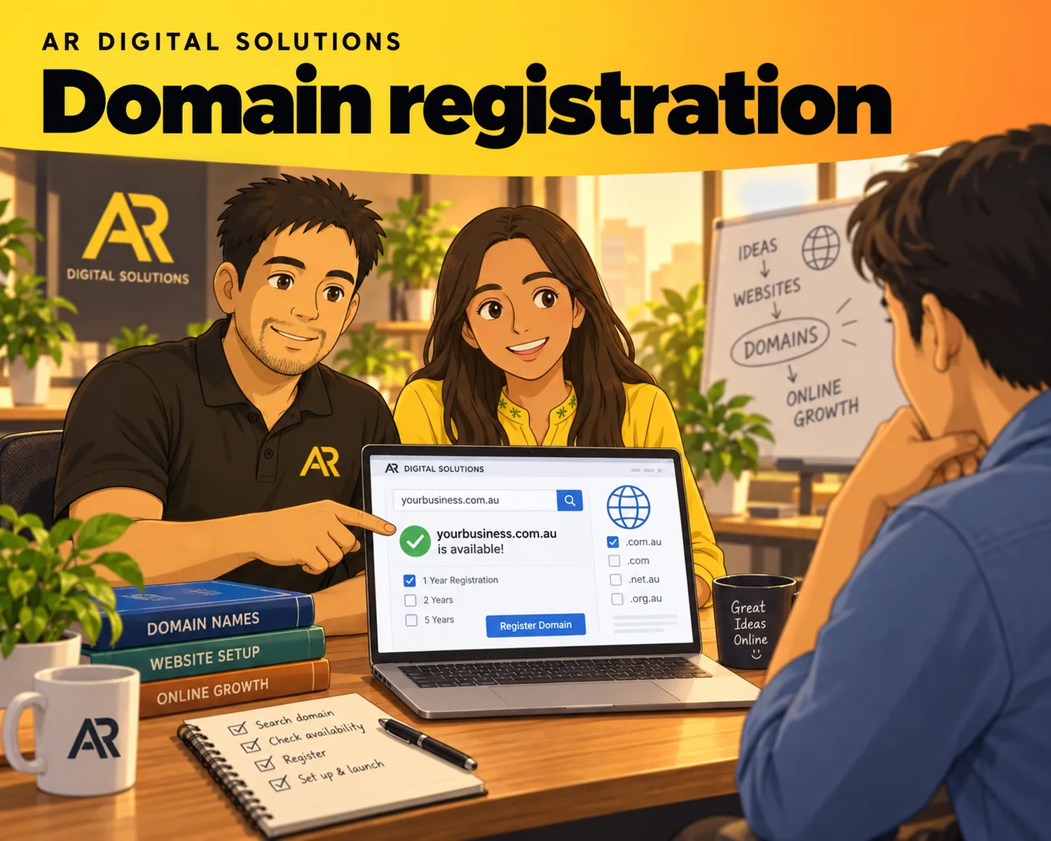 Ghibli-inspired illustration of Amann Jhamb and the AR Digital Solutions team working on domain registration.