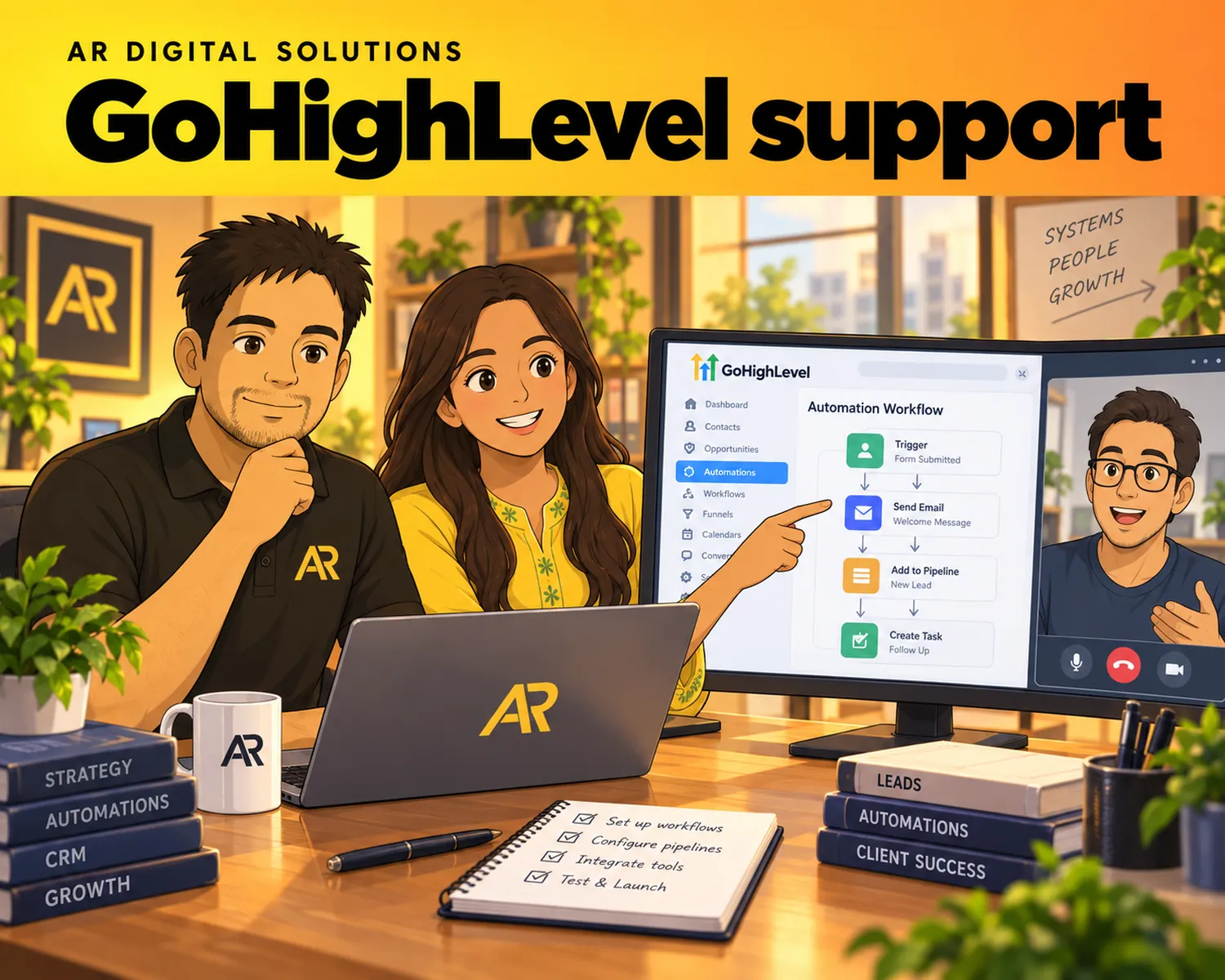 Ghibli-inspired illustration of Amann Jhamb and the AR Digital Solutions team working on gohighlevel support.