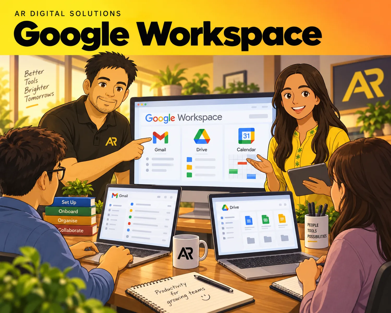 Ghibli-inspired illustration of Amann Jhamb and the AR Digital Solutions team working on google workspace.