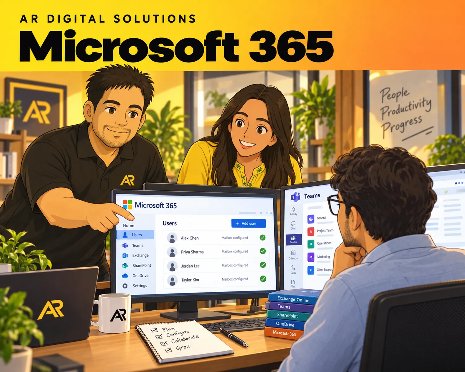 Ghibli-inspired illustration of Amann Jhamb and the AR Digital Solutions team working on microsoft 365.