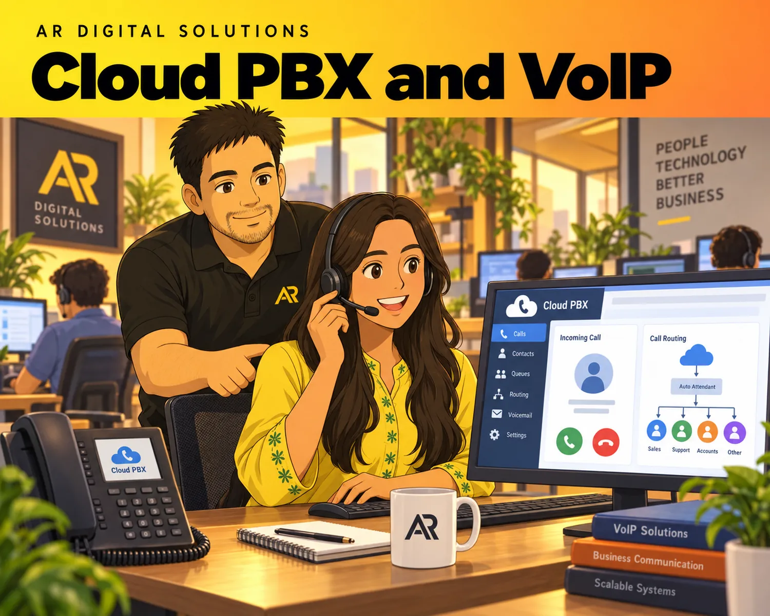 Ghibli-inspired illustration of Amann Jhamb and the AR Digital Solutions team working on cloud pbx and voip.