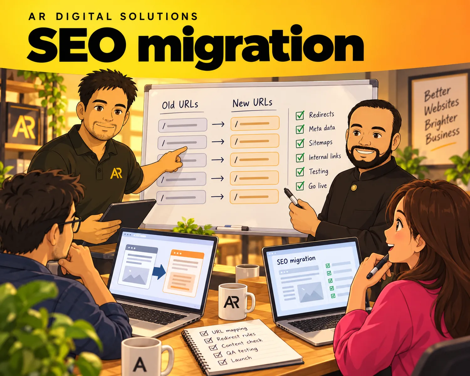 Ghibli-inspired illustration of Amann Jhamb and the AR Digital Solutions team working on seo migration.