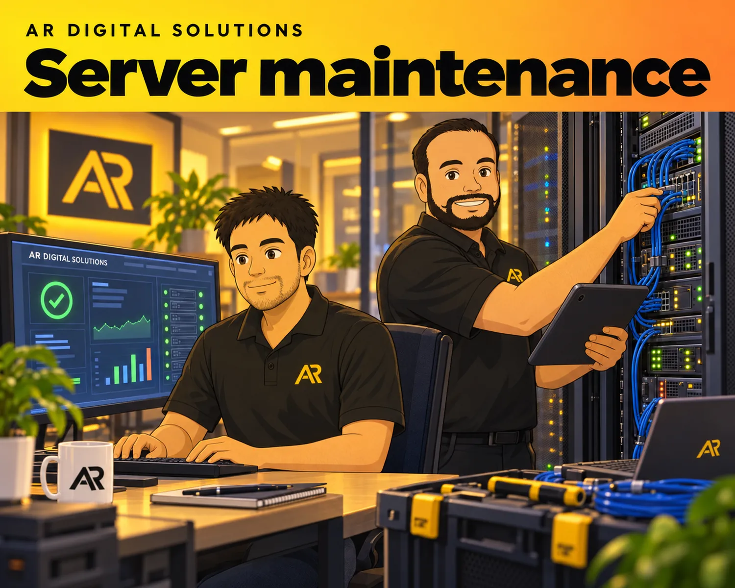 Ghibli-inspired illustration of Amann Jhamb and the AR Digital Solutions team working on server maintenance.