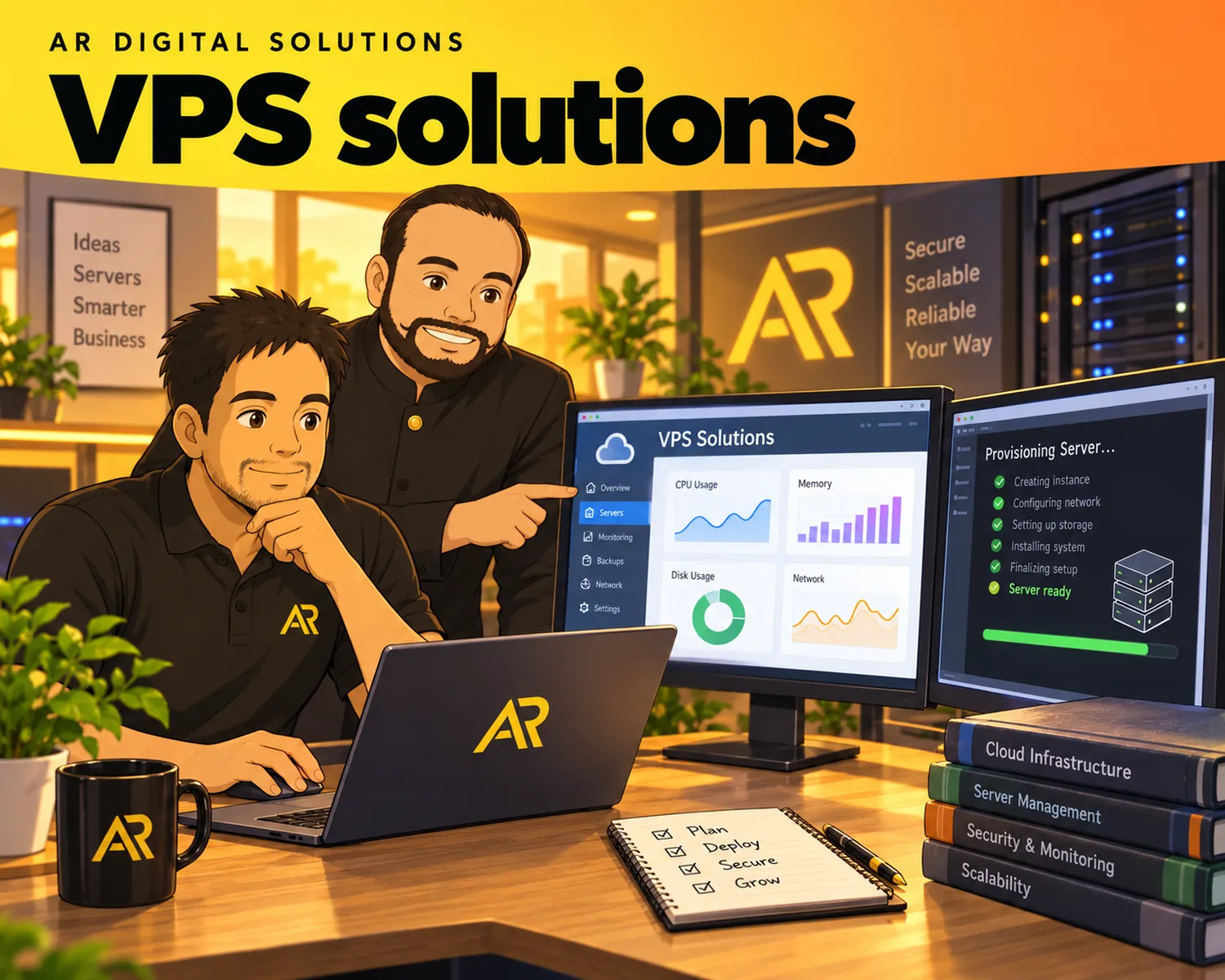 Ghibli-inspired illustration of Amann Jhamb and the AR Digital Solutions team working on vps solutions.