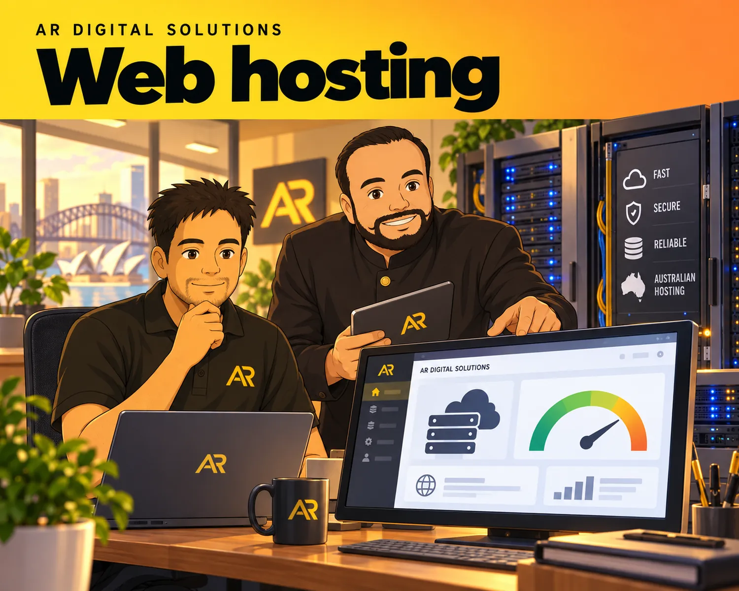 Ghibli-inspired illustration of Amann Jhamb and the AR Digital Solutions team working on web hosting.
